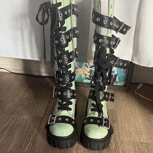 Dolls Kill Black and Light Green Combat Boots